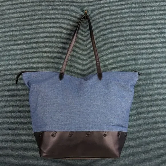 Victoria's Secret Blue & Black Denim & PU Lightweight Tote Bag - Picture 3 of 12